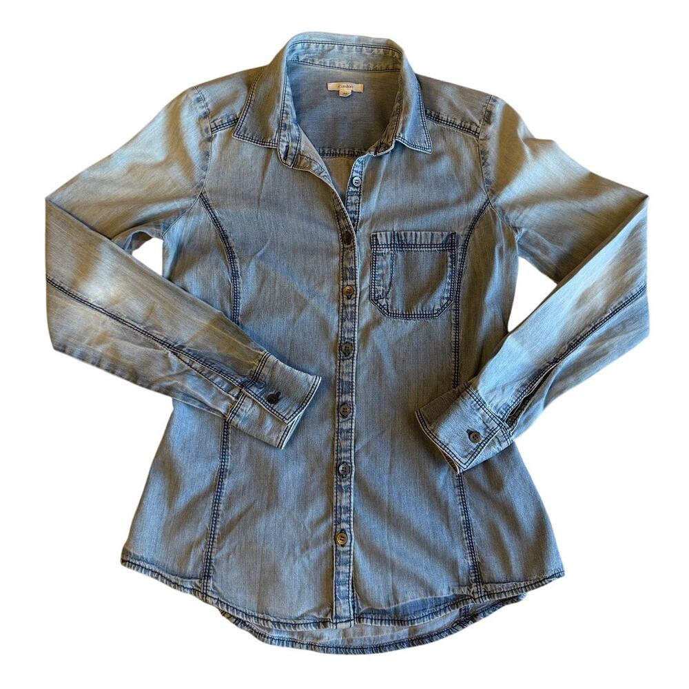 Caslon Chambray Light Washed Blue Button Up Western Fitted Long Sleeve Top XS